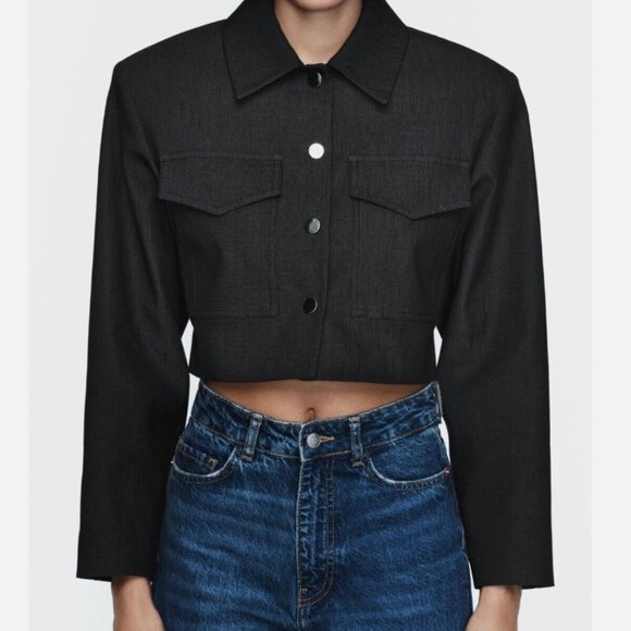ZARA Shoulder Pad Cropped Cotton Blend Jacket Anthracite Gray 9398
